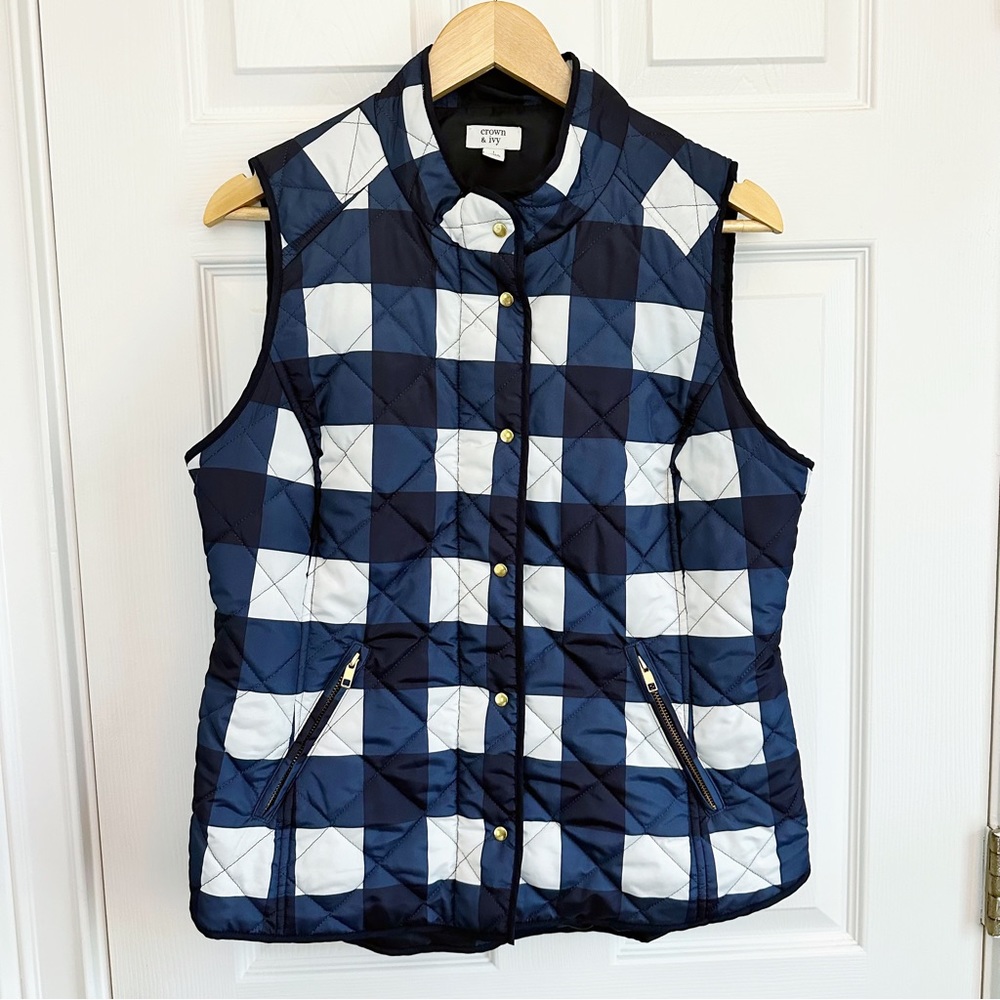 Crown & Ivy Quilted Vest Womens L Navy White Buffalo Check Gold Hardware